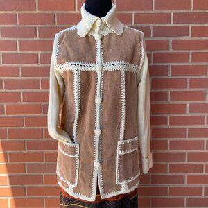 Vintage 70s Suede Leather Knit Cardigan Sweater Jacket Retro | Size S/M